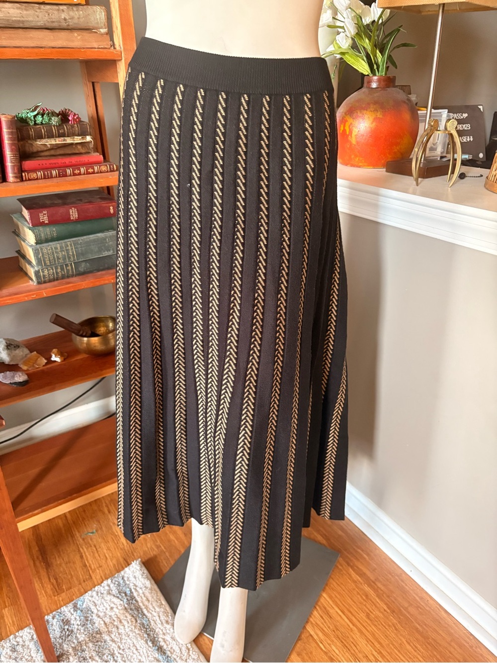 Max Studio Black and Gold Chevron-Stripe Knit Midi Skirt